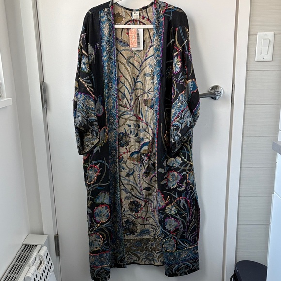 Raj Sweaters - NWT Embroidered Black Floral Kimono floor length cardigan